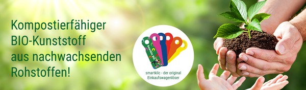 Smartklic BIO-Einkaufswagenlöser Kompostierfähiger BIO-Kunststoff aus nachwachsenden Rohstoffen ist unser Material für den Smartklic BIO Einkaufswagenlöser